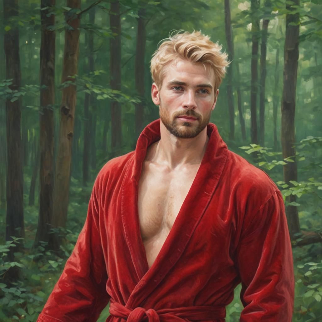 Blond Man in Red Bathrobe, Impressionist Painting