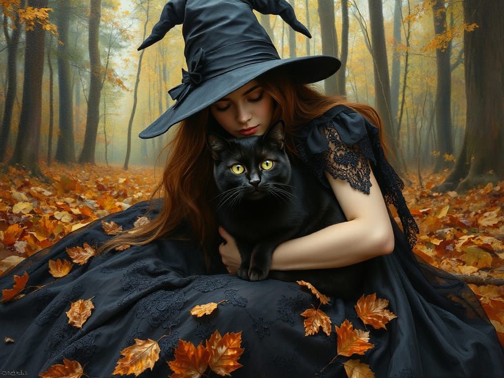 Autumn Witch Cuddles Majestic Black Cat in Dramatic Oil Pain...