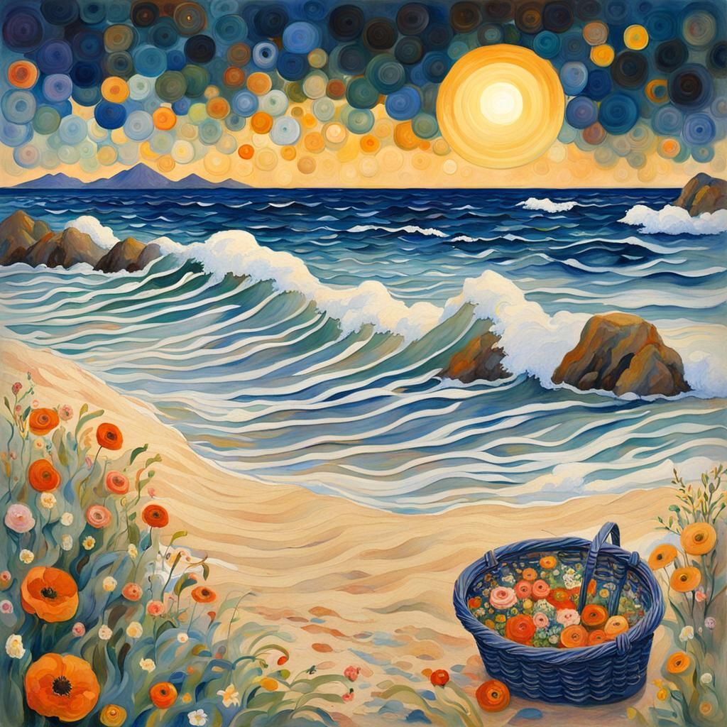 Sunrise Beach Scene in Klimt-Inspired Gouache Style