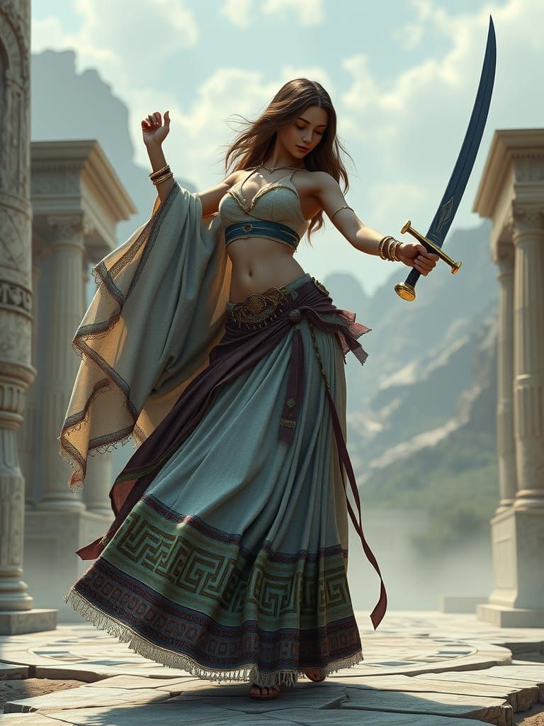 Sword Maiden, belly dancer dress, greek style, realistic 3d.