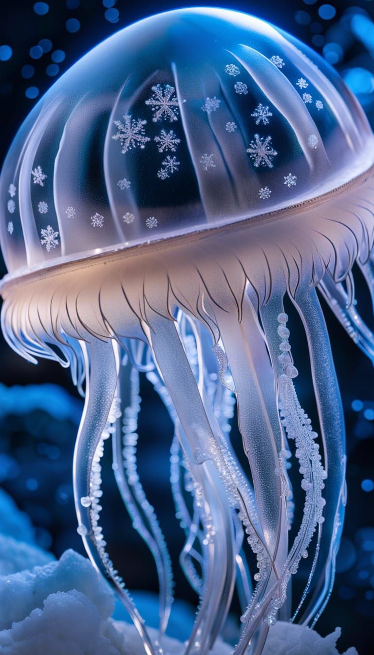 Iridescent Ice Jellyfish Sculpture Under the Stars