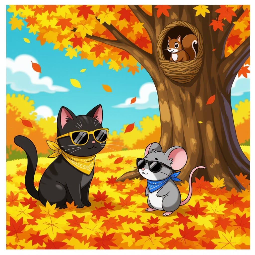 Cat and Mouse Enjoy Autumn Leaves in Anime Style