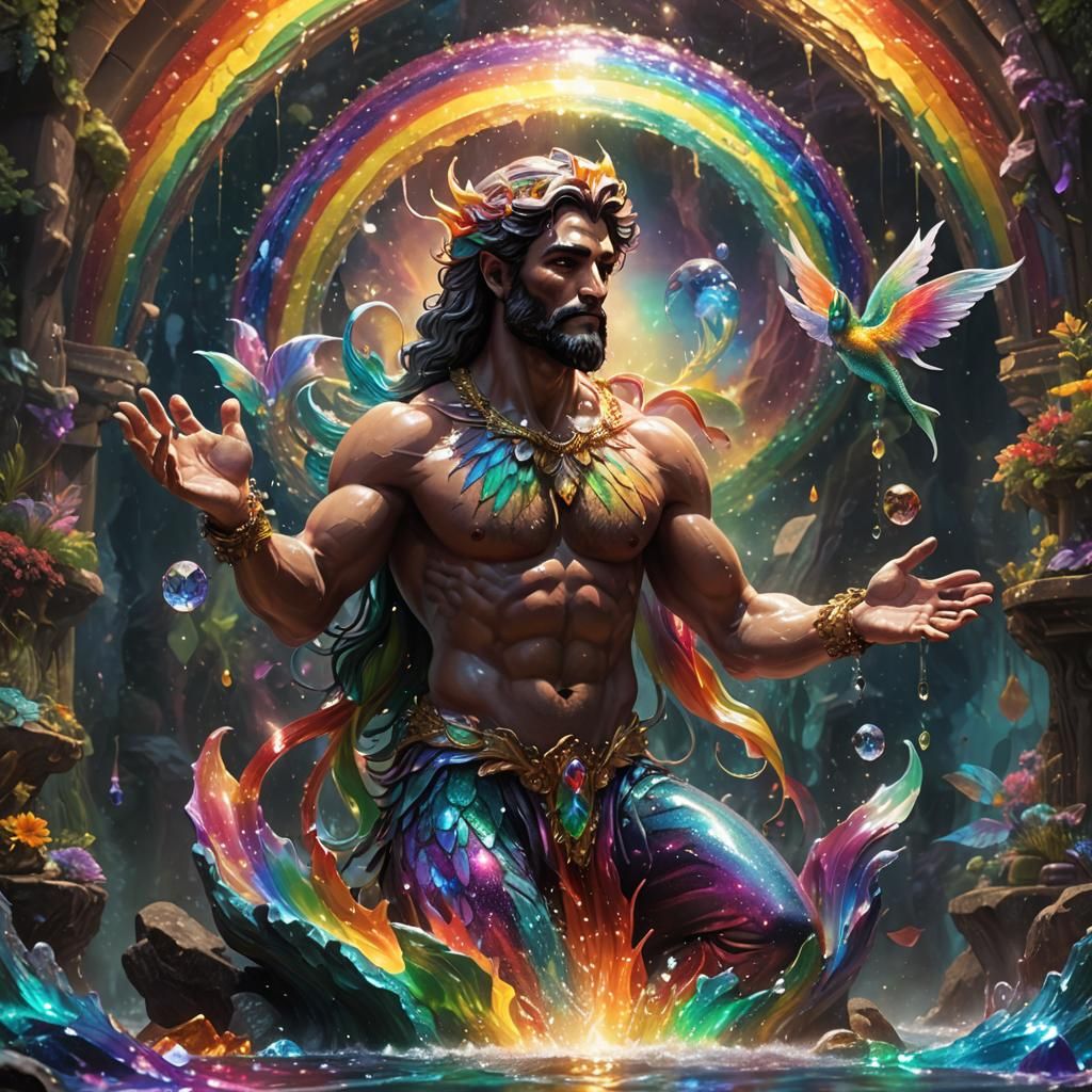 rainbow sparkle acrylic pour with male hands glowing with gemstone crystal on an altar and an anthropomorphic rainbow me...