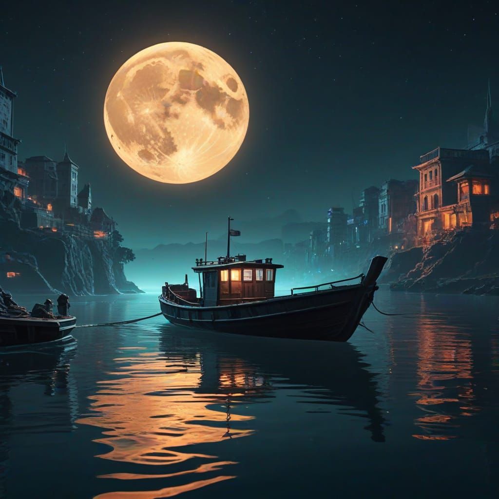 Cyberpunk Night Scene: Ancient Buildings and Boat at Sea