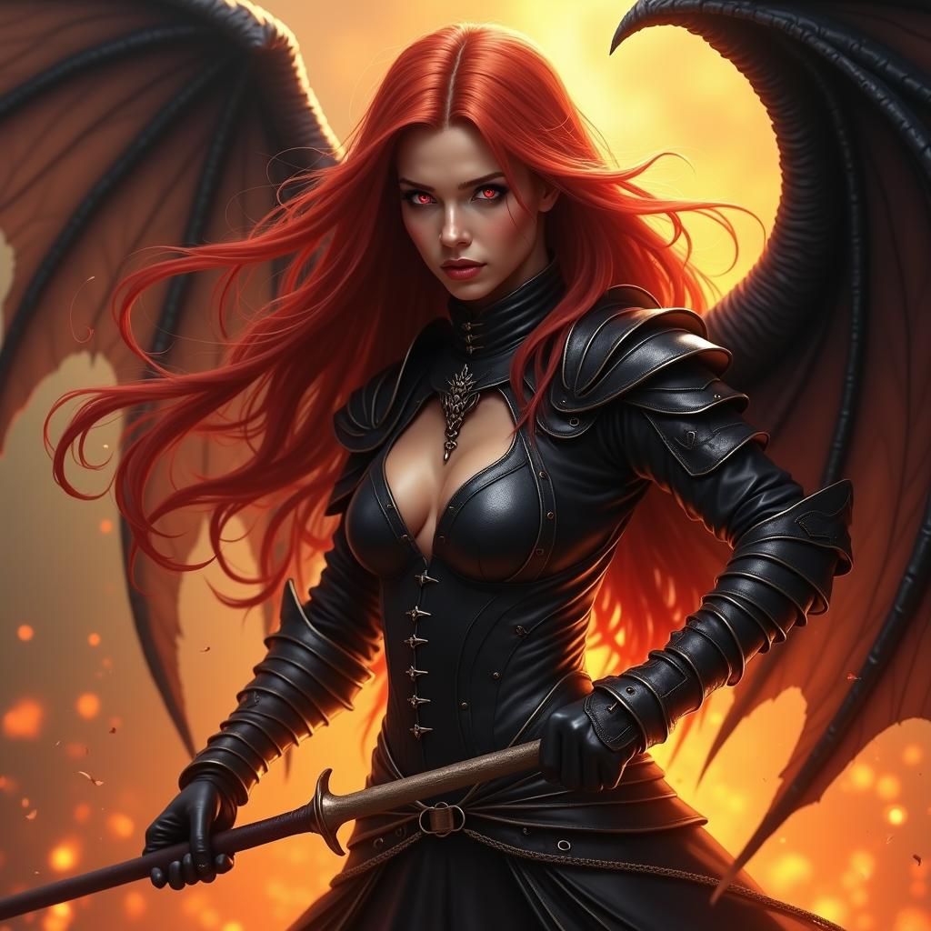 Fighting vampire. Beautiful angel demon hybrid. Glowing Fier...