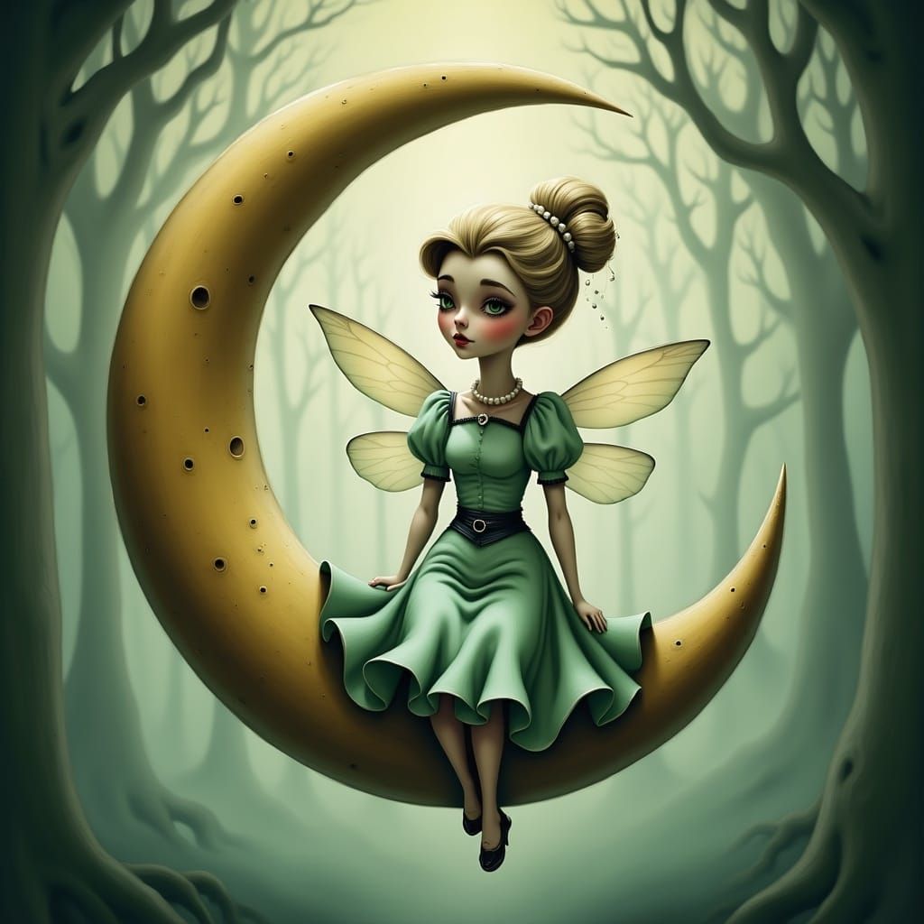 Mint-Green Fairy on Crescent Moon, Hyper Realism