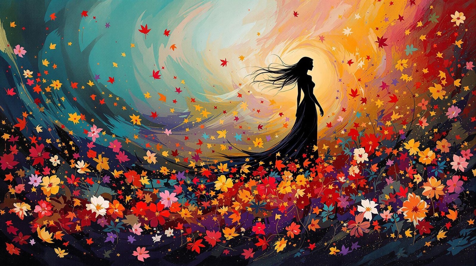 Whimsical Silhouette in Vibrant Floral Dance