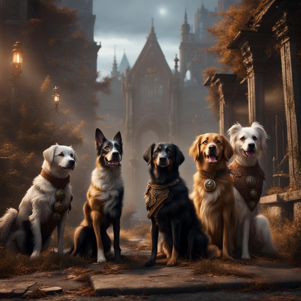 Detailed Matte Painting of Dogs in Fantasy Style