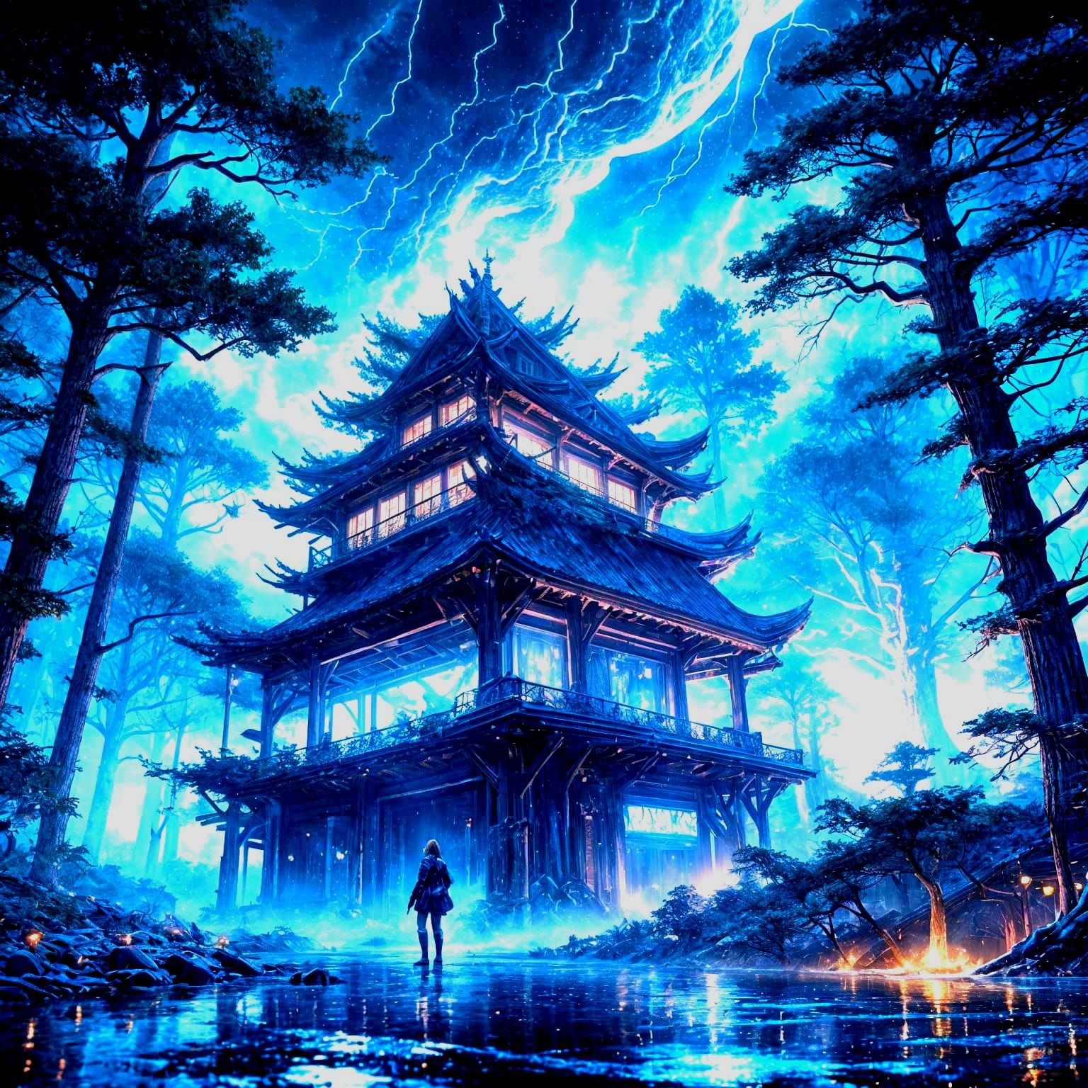 Anime Forest Wind Storm Under Moonlight