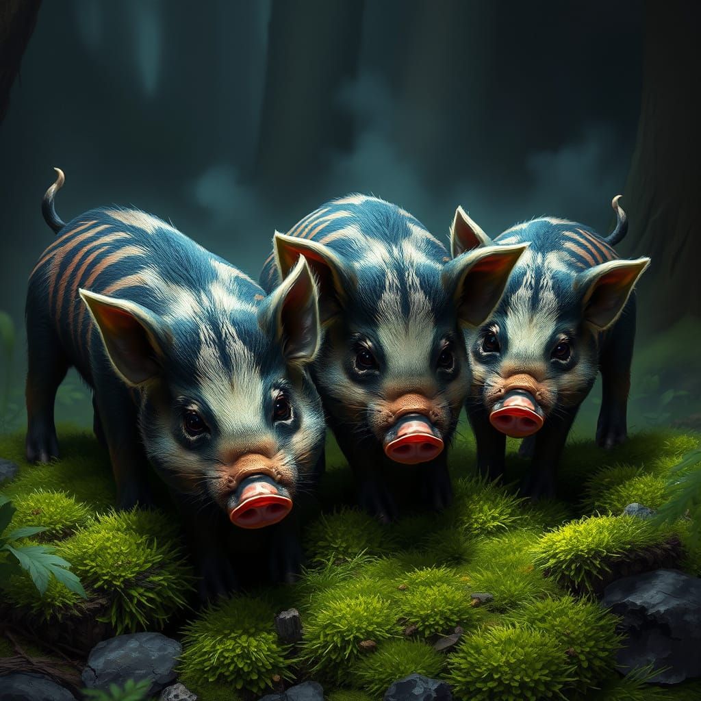 Striped Wild Boar Piglets in Dark Fantasy Style