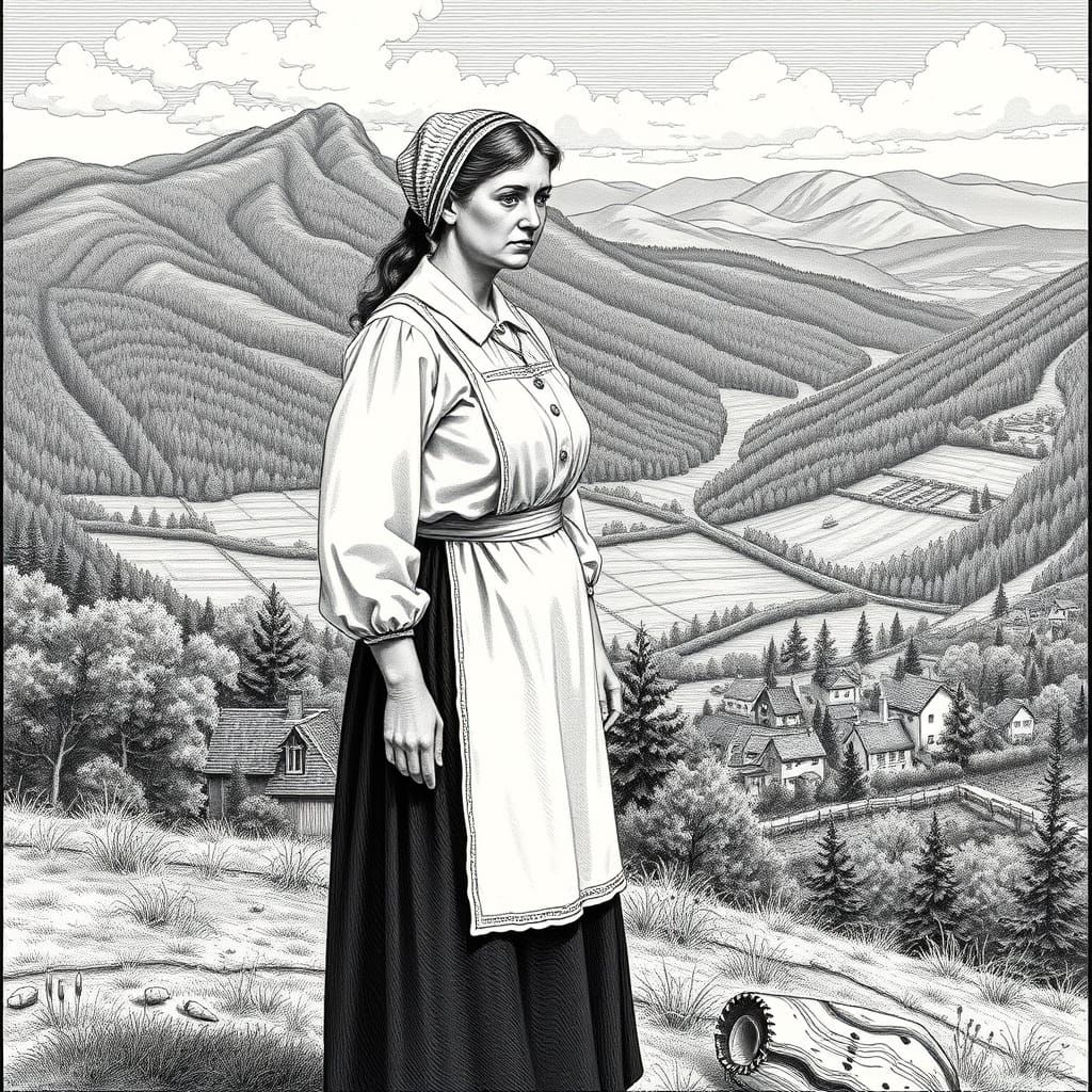 Mennonite Woman in Pennsylvania, Detailed Black and White En...