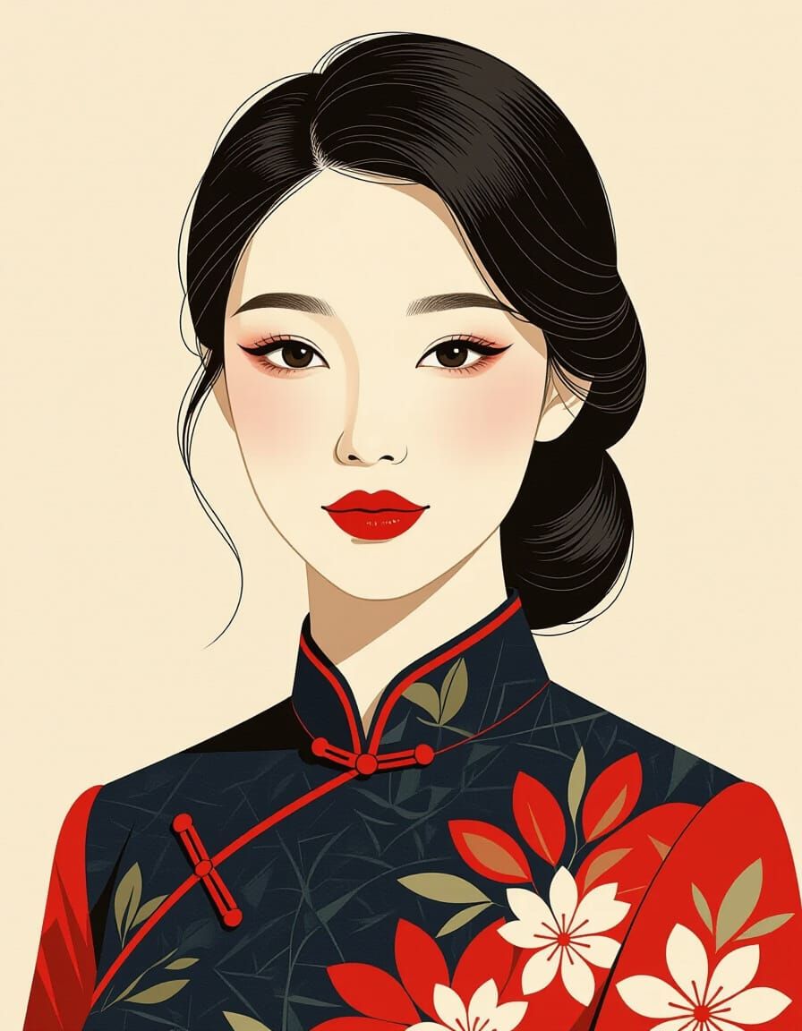 Elegant Asian Woman Portrait in Cubist Ink Style