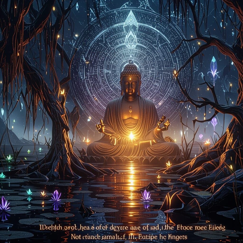 Buddha Teaching Enlightenment in Dark Fantasy Swamp