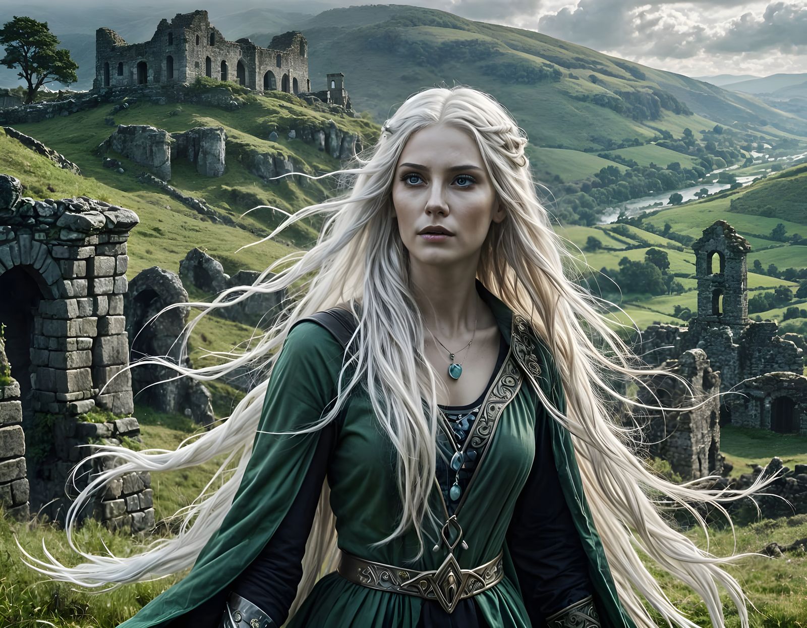 Ethereal Banshee in Irish Countryside, Hyperrealistic Art