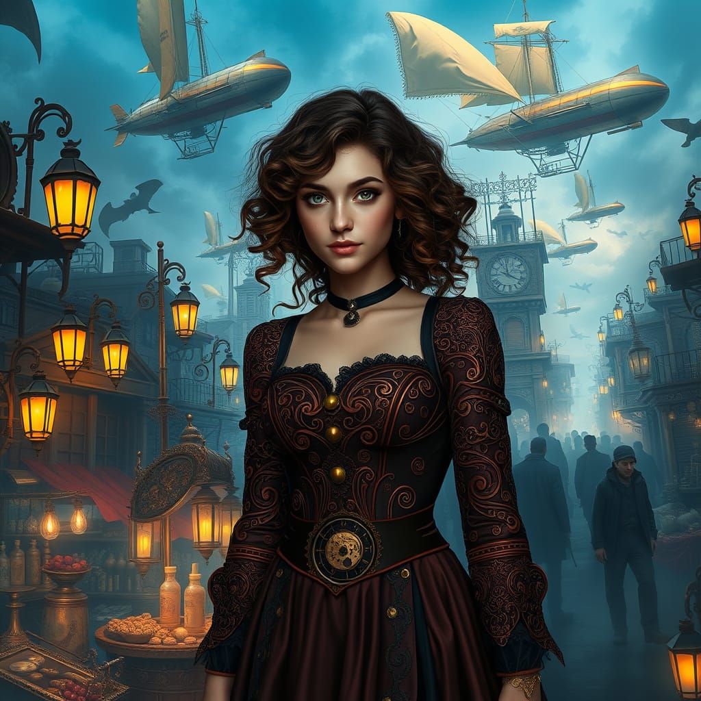 Steampunk Market Scene with Airships and Automatons
