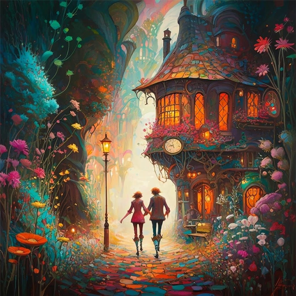 Vibrant Tavern in Whimsical Roger Dean-Inspired Landscape