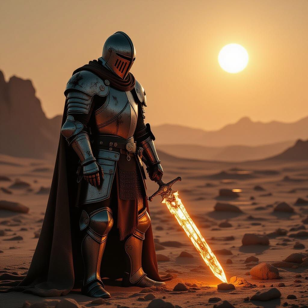 Knight on Alien Planet with Twin Suns, Holding Artifact