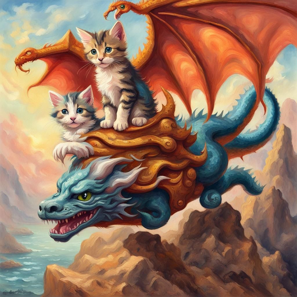 Puppy and Kitten Dragon Ride: Gouache Impressionist Art