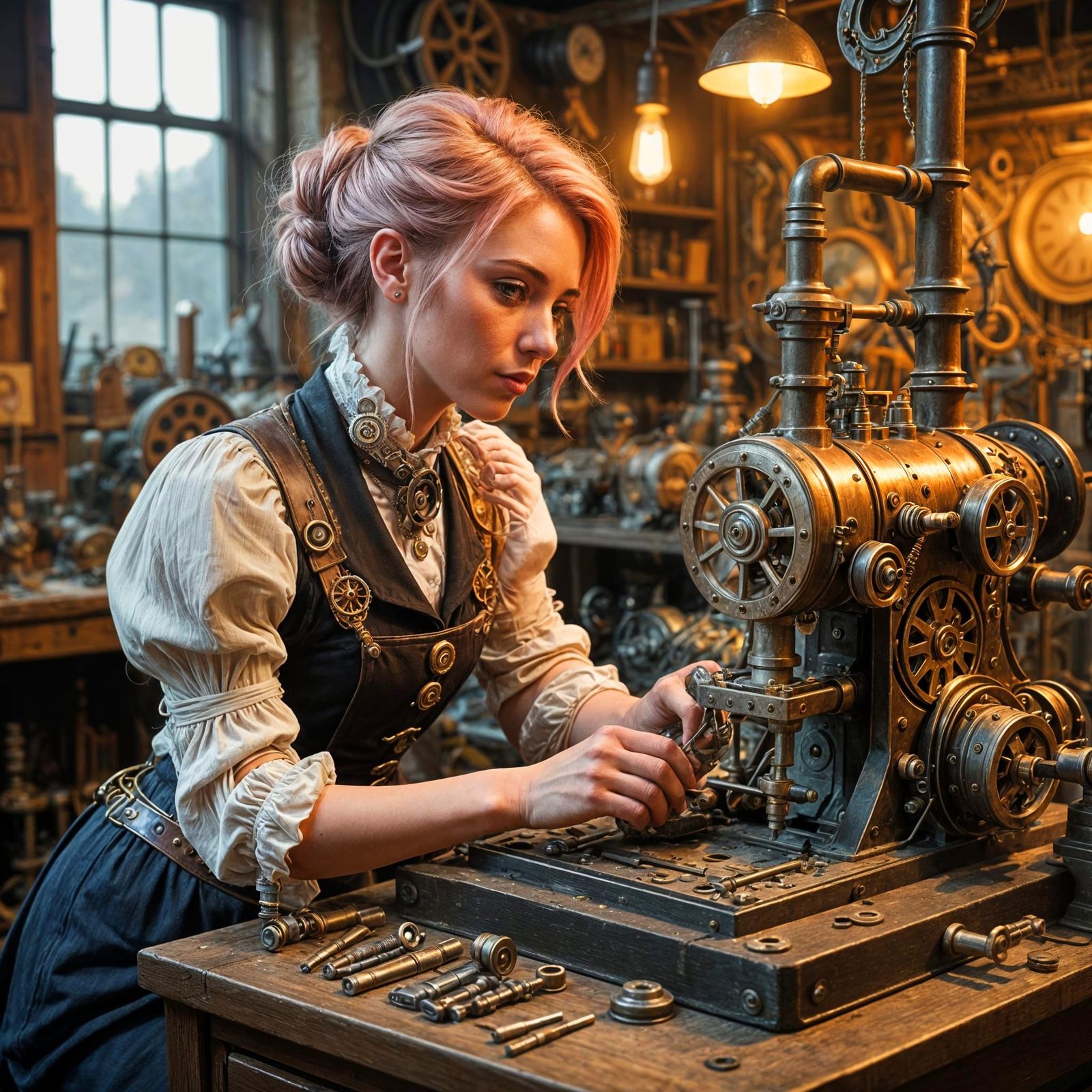 Steampunk Blacksmith in Whimsical Workshop