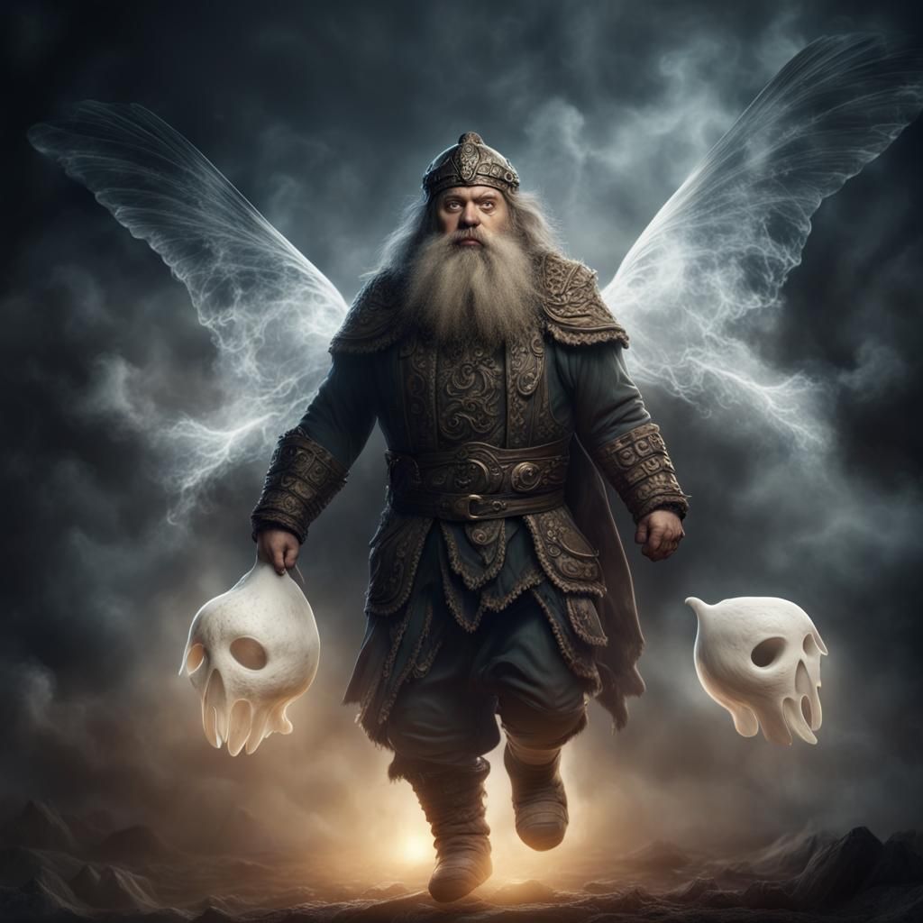 Fantasy Dwarf with Ghost in Dark Scene