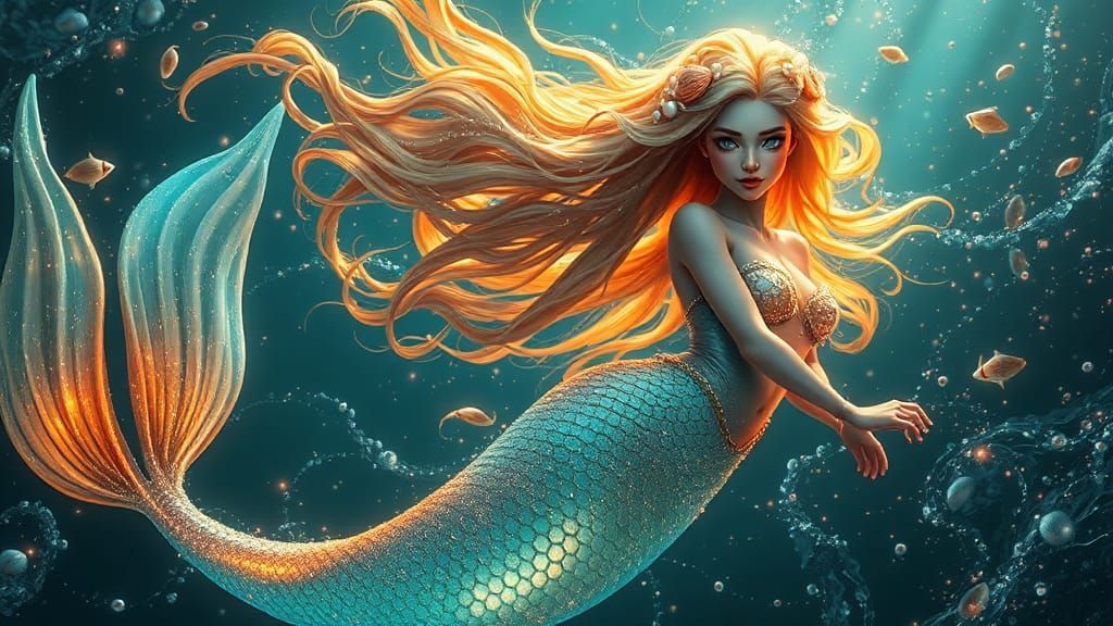 Bioluminescent Mermaid Among Sea Life, Art Nouveau Style