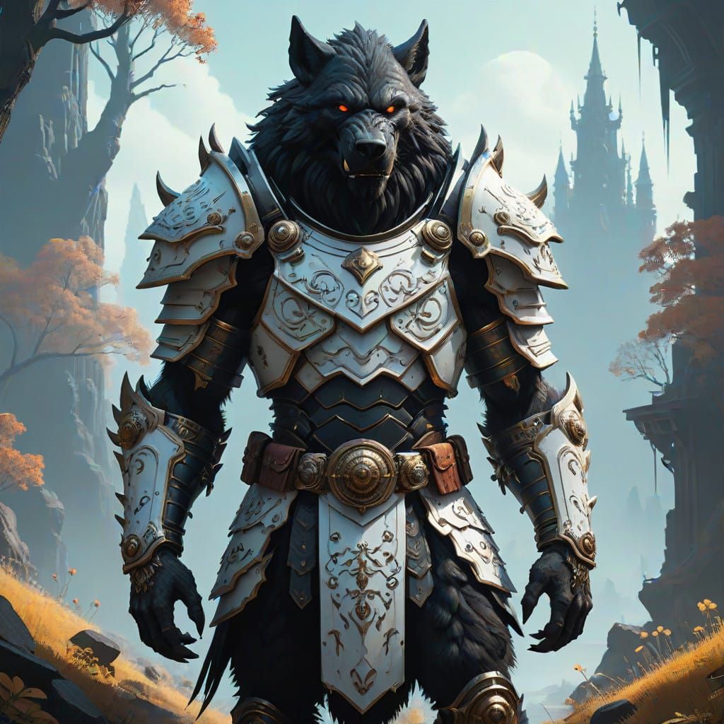 Epic Black Werewolf Warrior in Ornate White Armor