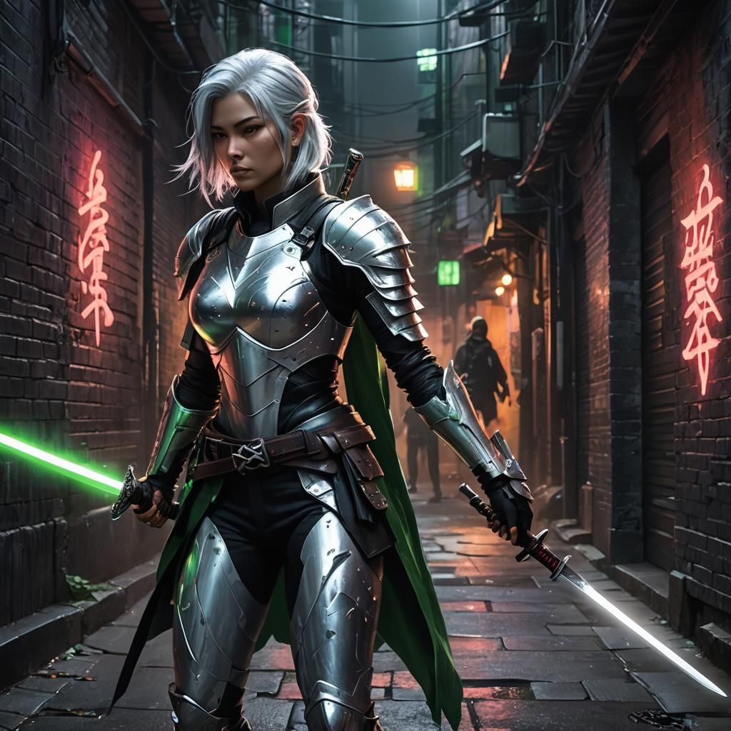 Silver-Haired Assassin in Dark Alley with Katana