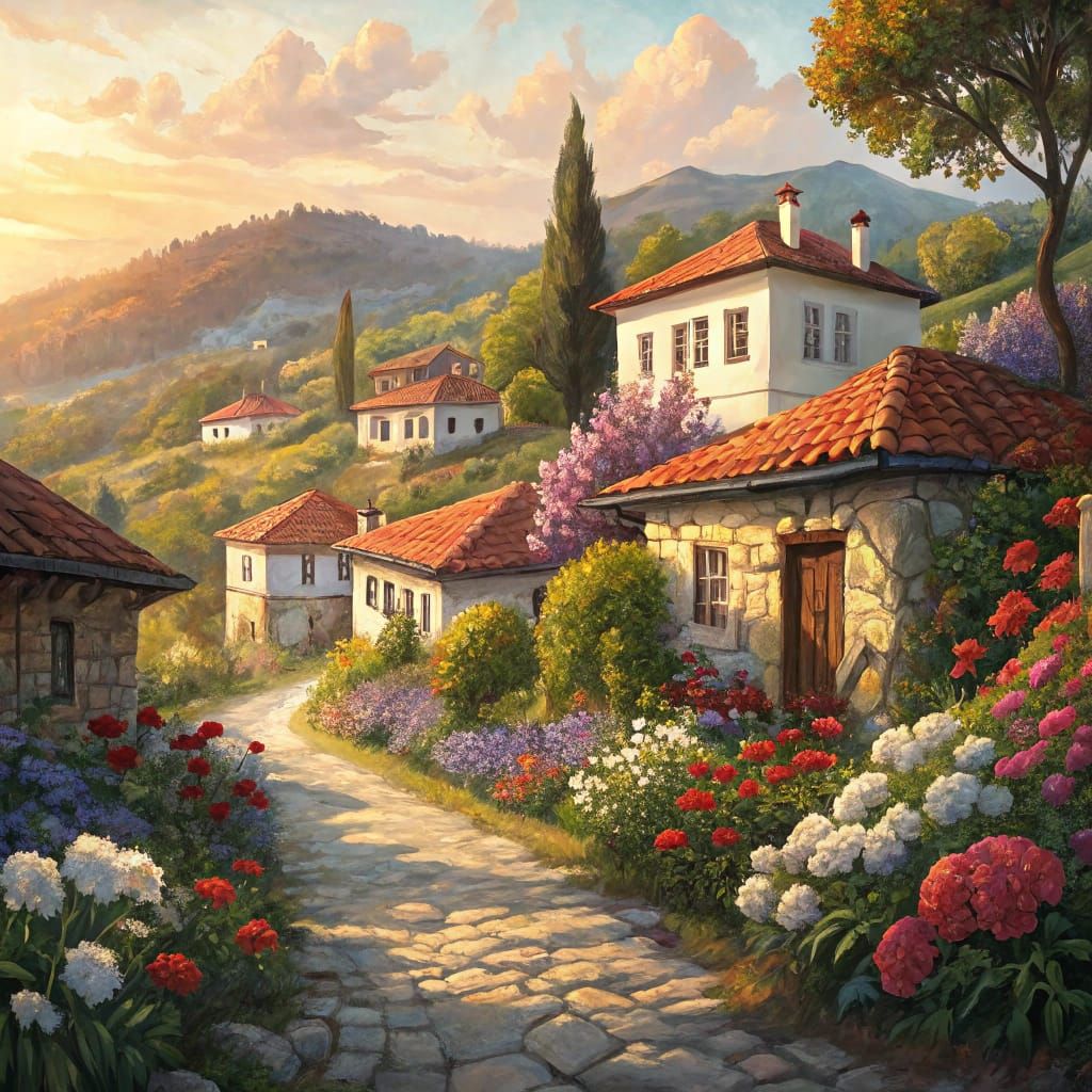Vibrant Bulgarian Village in Golden Afternoon Light