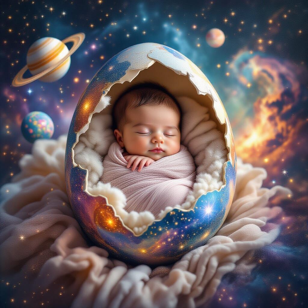 Baby in Eggshell Among the Stars: Visionary Art