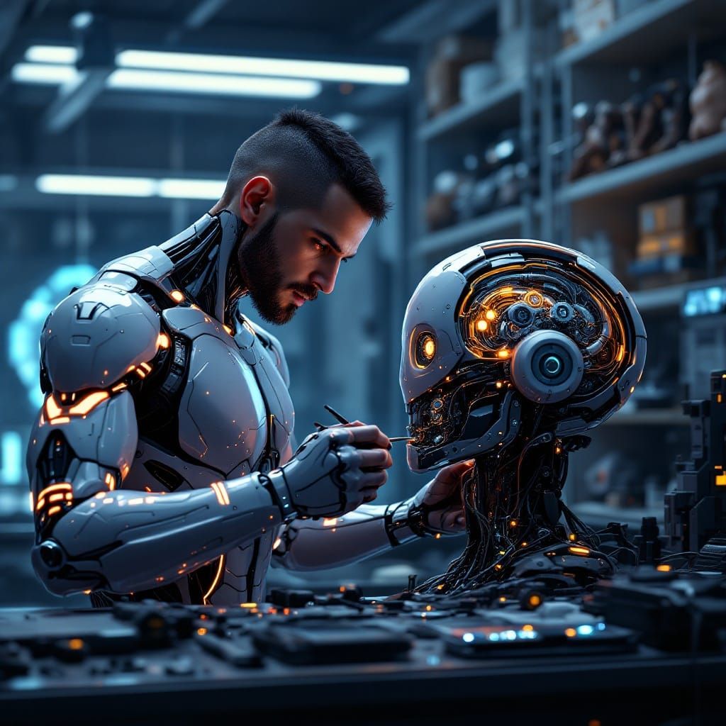 Cybernetic Engineer Works on Advanced Cyborg Droid in Futuri...