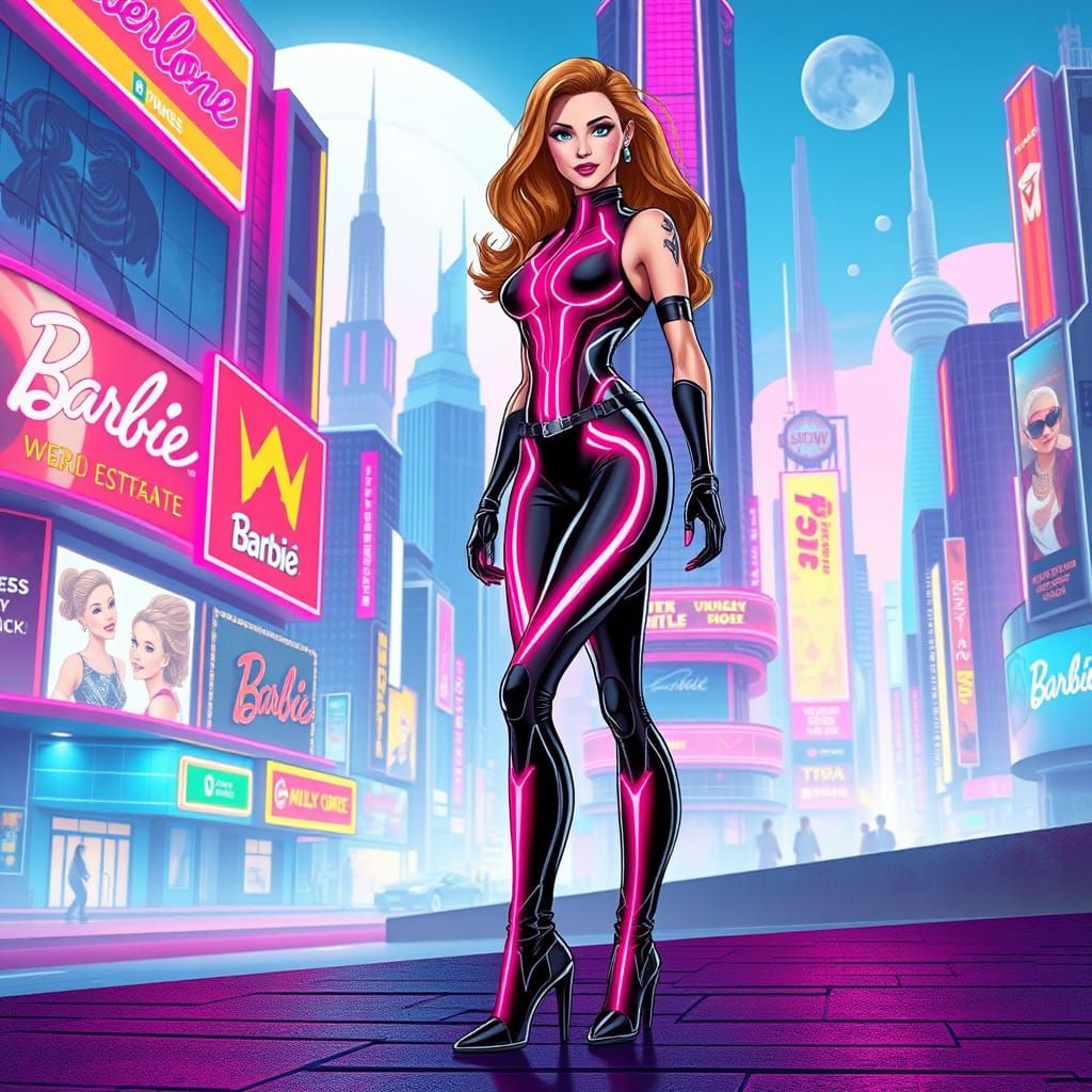 Cyberpunk Woman in Neon Cityscape, Futuristic Design