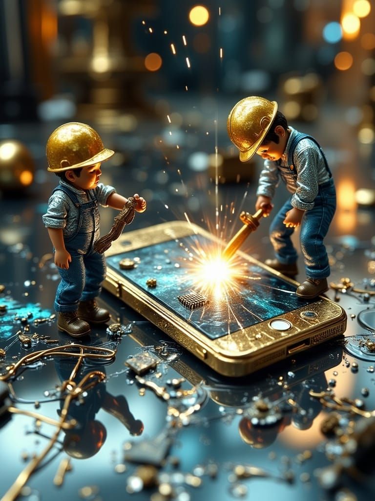 Tiny Workers in Steel-Toed Boots Repair a Shattered iPhone