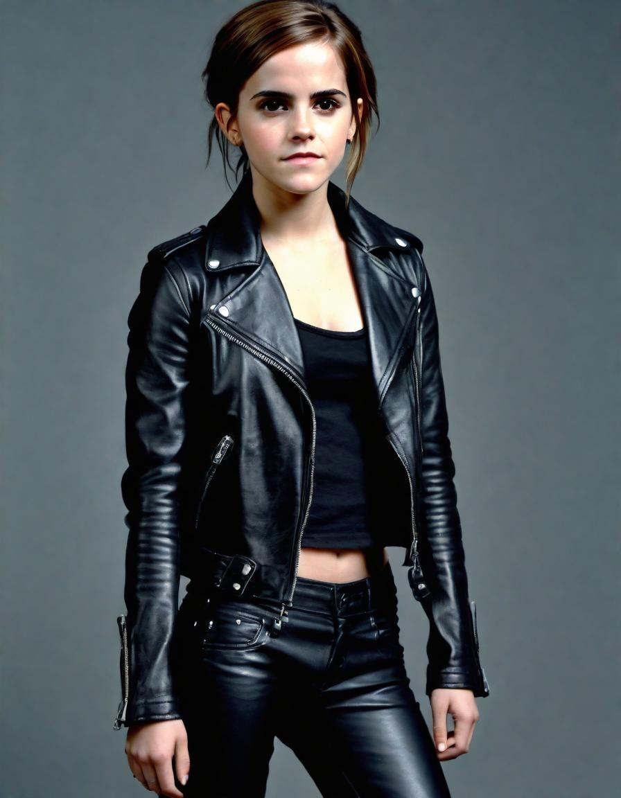 Woman in Leather Biker Outfit, Photorealistic Image