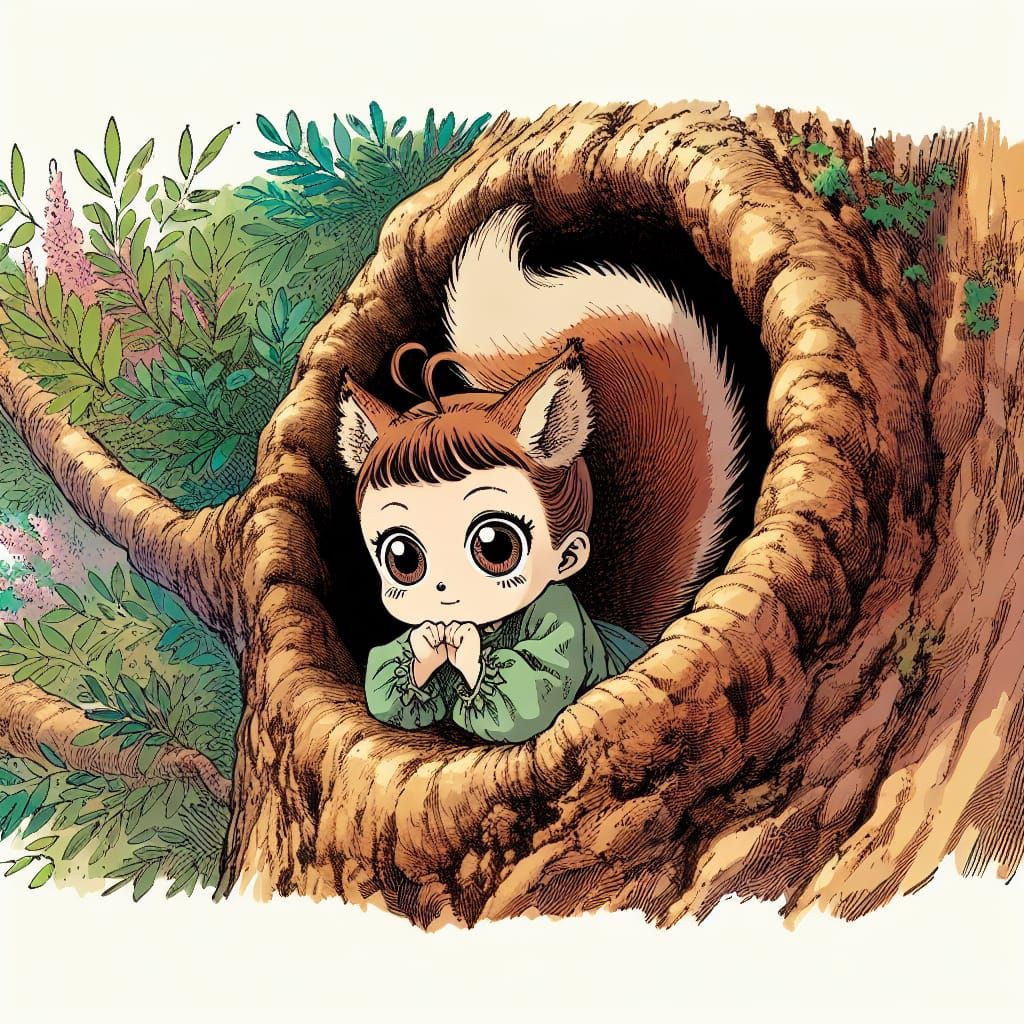 Squirrel Girl in Manga Style Tree Hollow