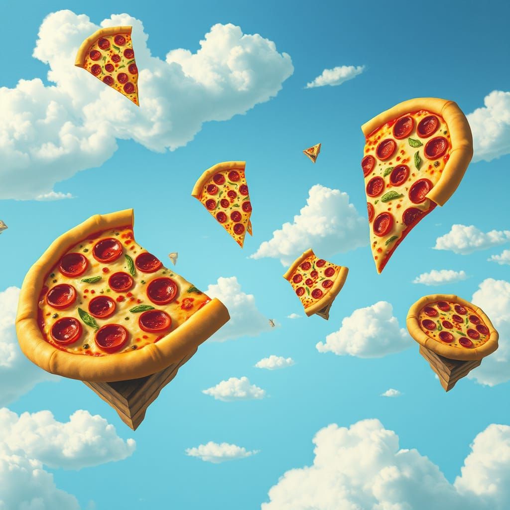 Floating Pizza Islands: A Surreal Sky Scene