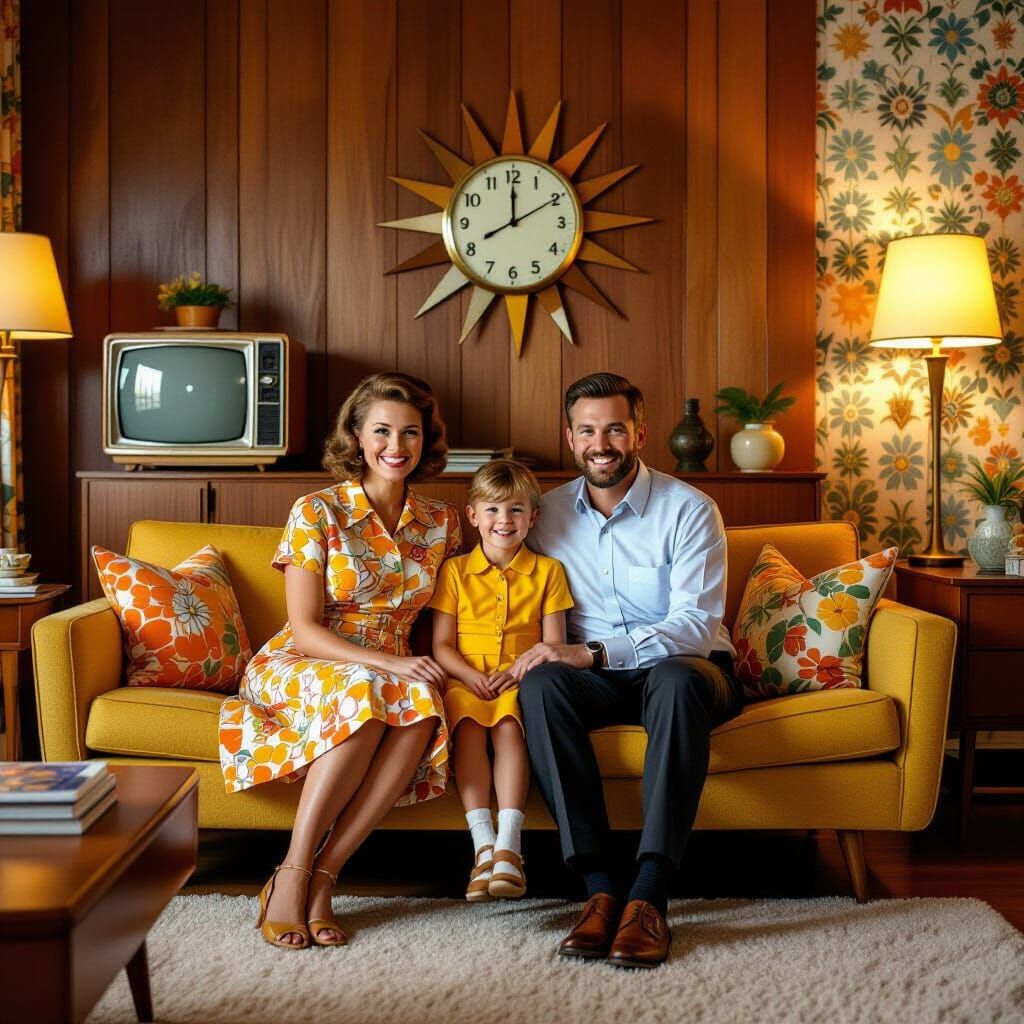 Nostalgic 1960s Family Portrait in Mid-Century Modern Home