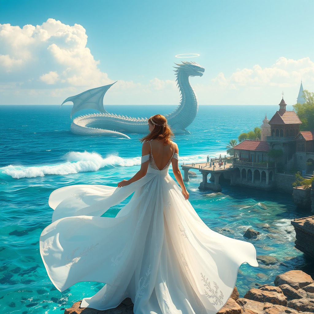 Woman and Sea Dragon in Dreamlike Matte Painting