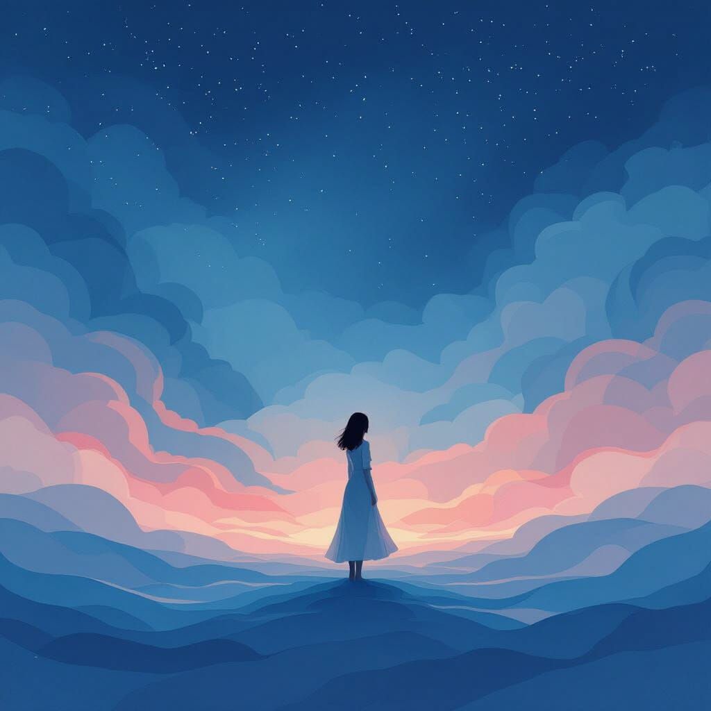 Watercolor Woman in Pastel Night Landscape