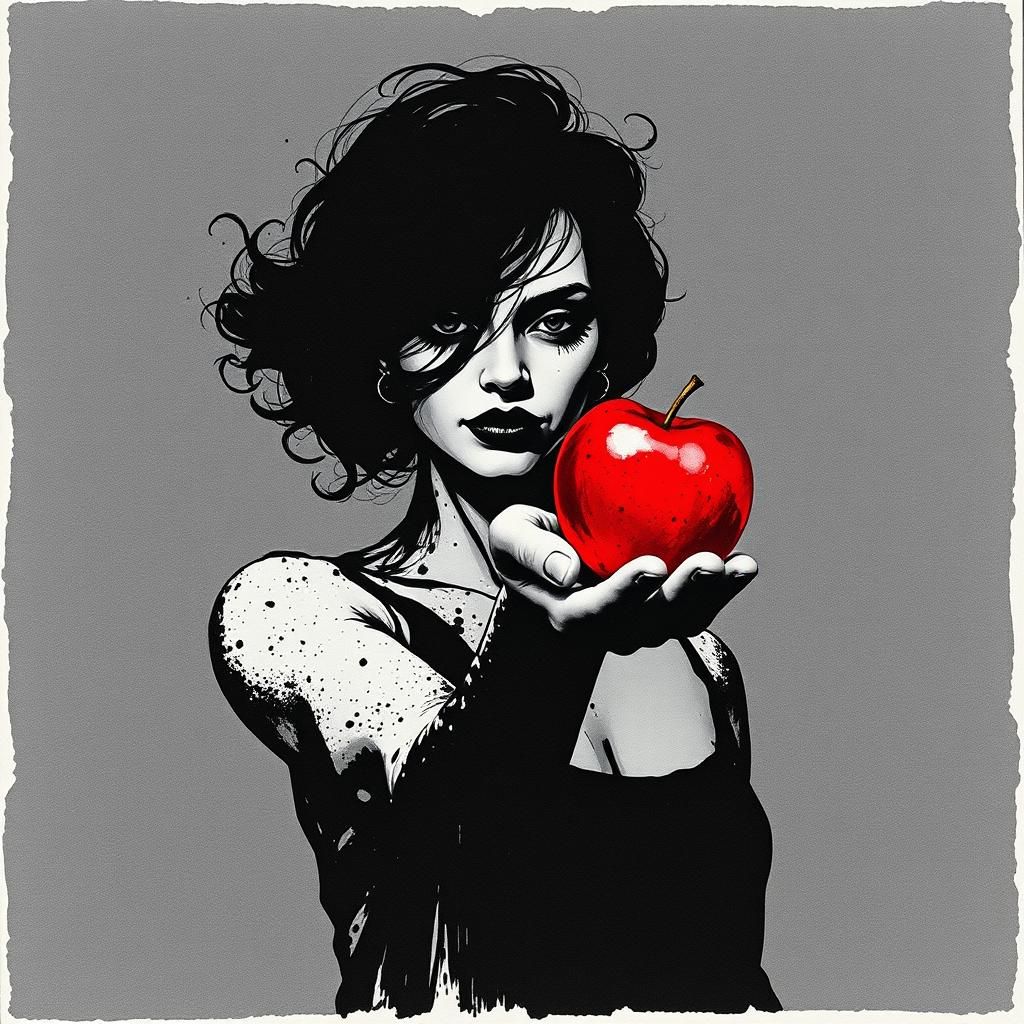 Ink Splatter Woman with Red Apple