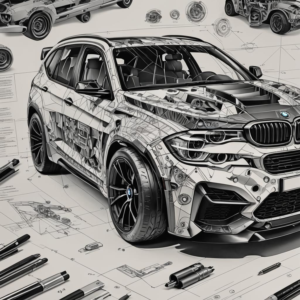 Detailed Technical Drawing of a BMW in Black and White