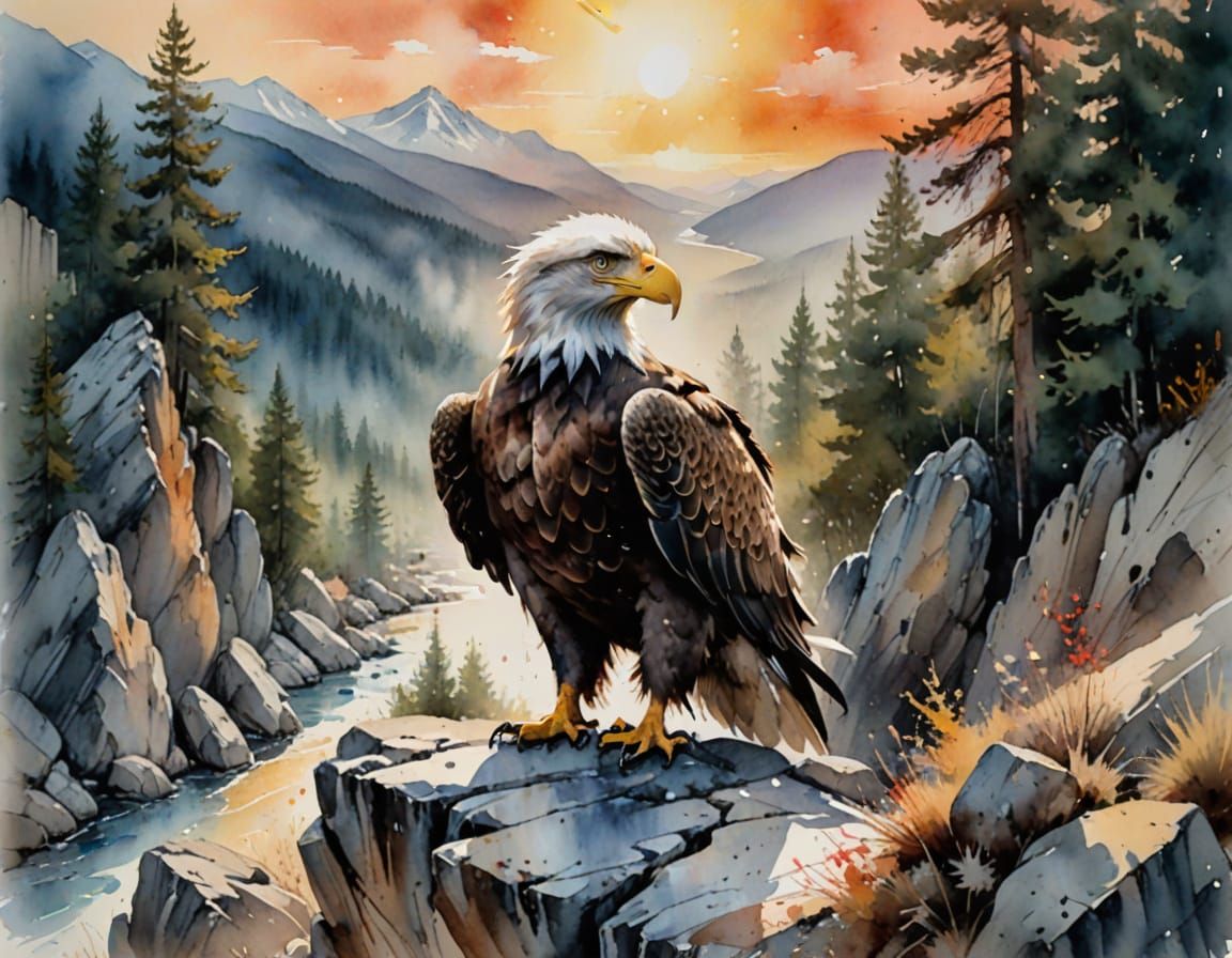 Majestic Eagle on Rocky Ledge in Watercolour Style