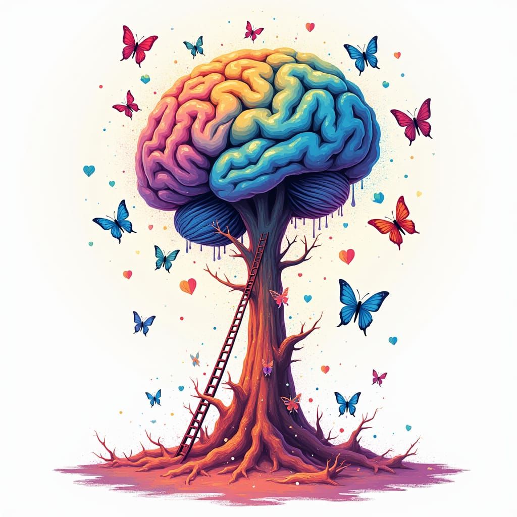 Psychedelic Psi Symbol with Butterflies in Holographic Art