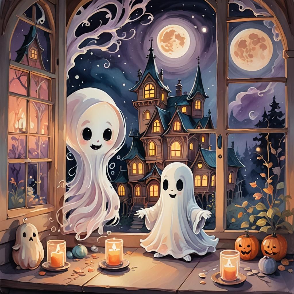 Chibi Ghost in Haunted House, Gouache Painting