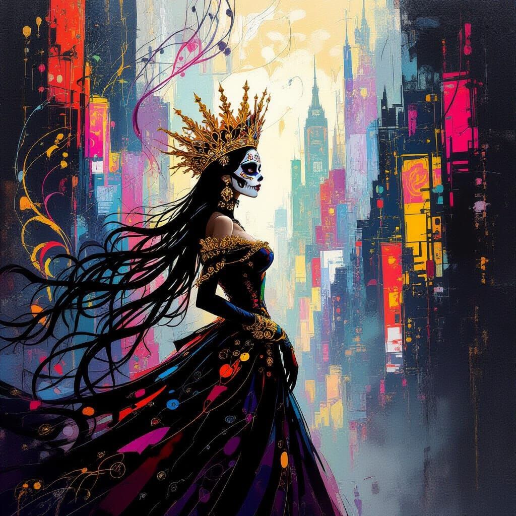 Ethereal Catrina in Abstract Expressionist Cityscape