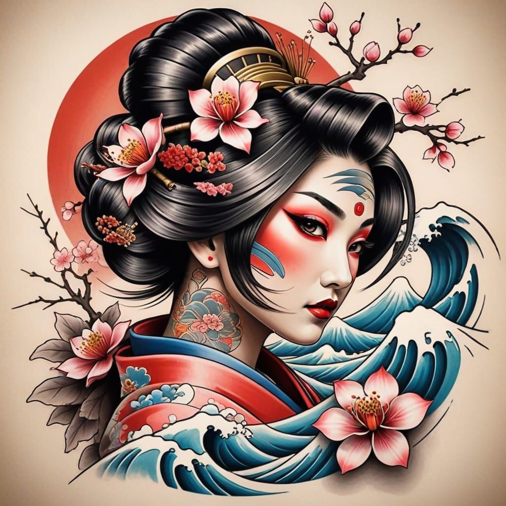 Modern Geisha Tattoo Design with Japanese Elements