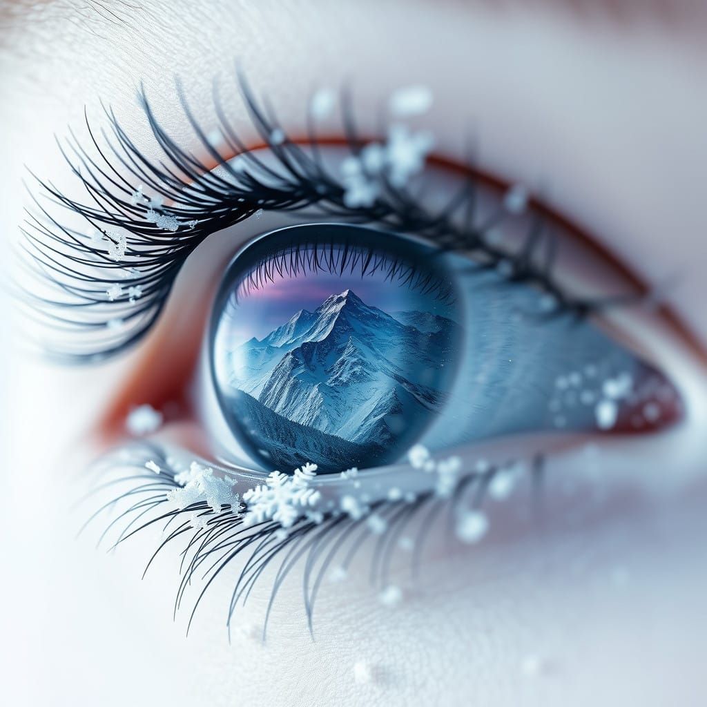 Frosty Allure: Snow-Covered Mountain Reflected in an Icy Blu...