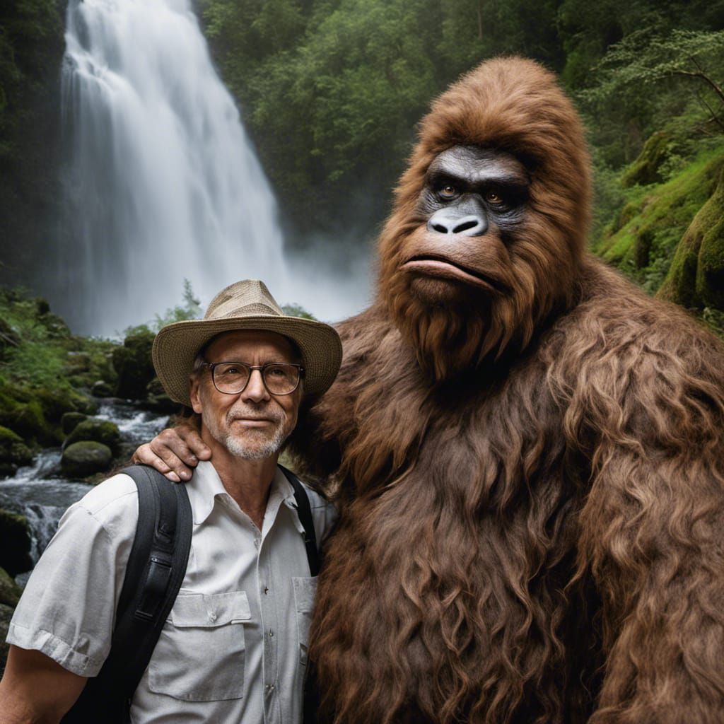 Selfie with Bigfoot by Waterfall, Professional Portrait