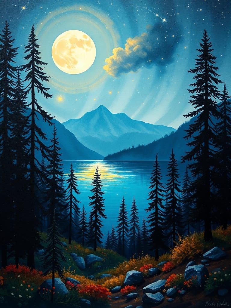 Luminous Deer Guiding Travelers in Enchanted Forest