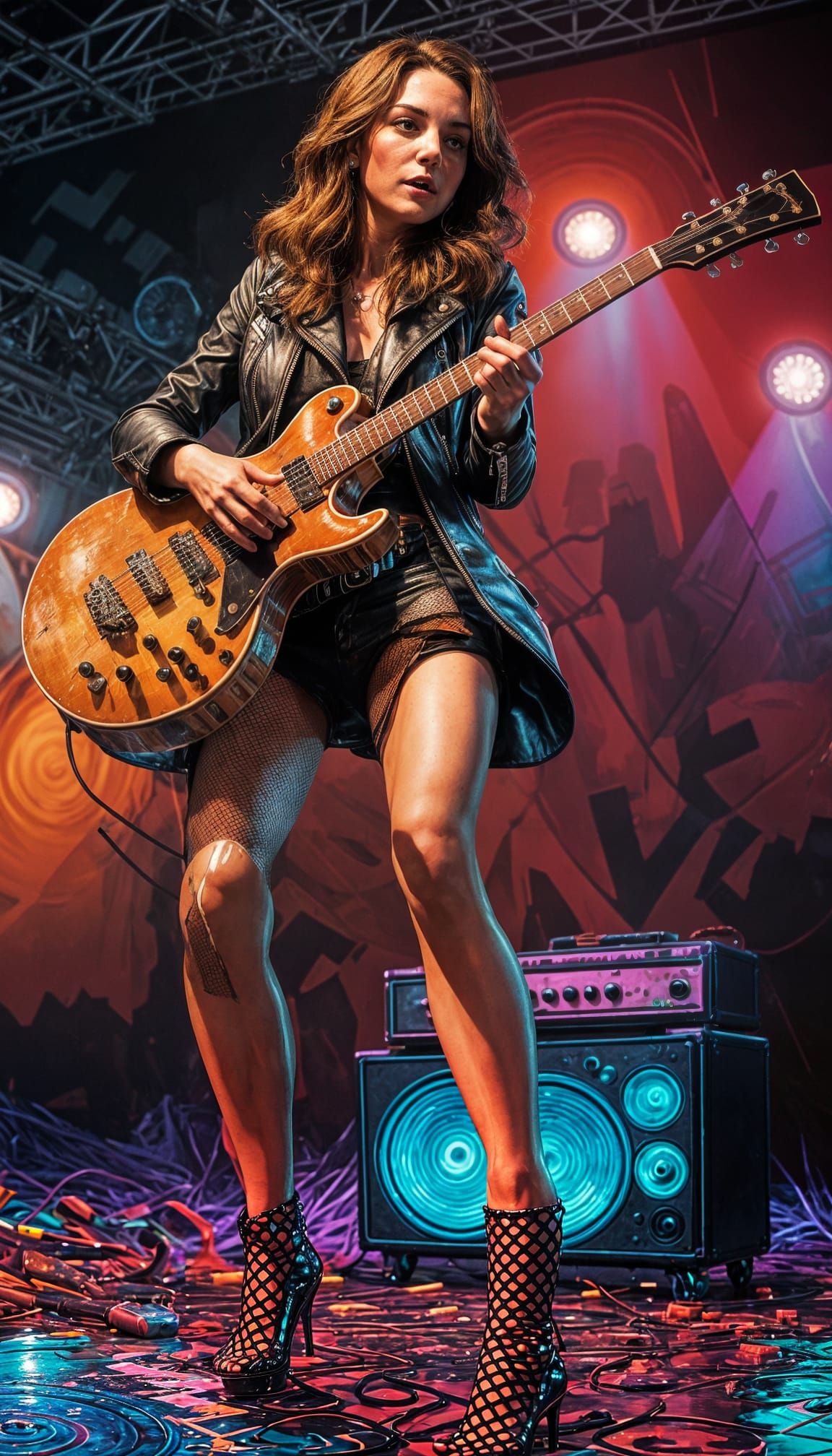 Punk Rock Star Shreds on Neon Guitar in Fantasy