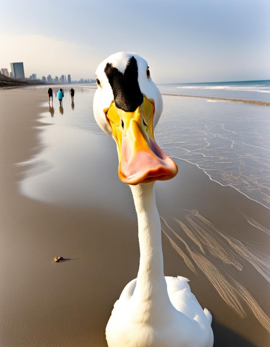 Cute White Duck Gazing Upward at the Beach
